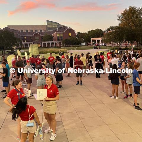 More than 100 students gathered near Broyhill Fountain for the night tour. Big Red Welcome Night Tour. August 15, 2023. Photo by Deann Gayman / University Communication.