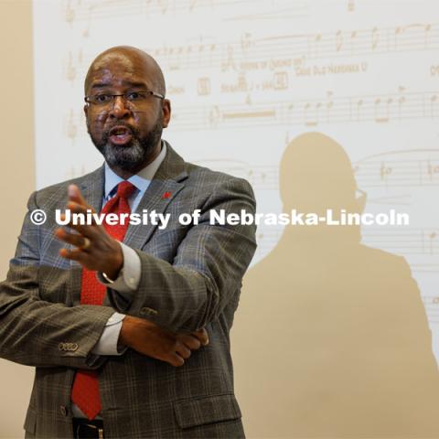 Chancellor Rodney Bennett addresses the band. Cornhusker Marching Band practice. August 17, 2023. Photo by Craig Chandler/ University Communication.