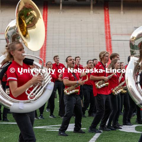 Big Red Welcome week featured the Cornhusker Marching Band Exhibition in Memorial Stadium where they showed highlights of what the band has been working on during their pre-season Band Camp, including their famous “drill down”. August 18, 2023. Photo by Sammy Smith / University Communication.