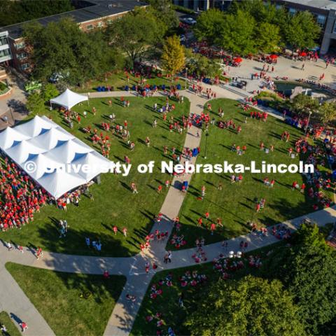 Aerial view of the Chancellor’s BBQ in the green space between the Nebraska Union and Kauffmann Academic Residence Center. August 18, 2023. Photo by Matthew Strasburger / University Communication.