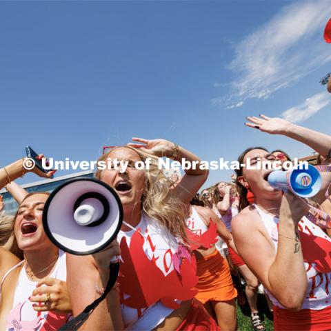 Sorority Bid Day in the Cather Dining Complex and on the Vine Street Fields. August 19, 2023. Photo by Craig Chandler / University Communication.