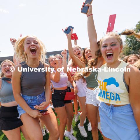 Sorority Bid Day in the Cather Dining Complex and on the Vine Street Fields. August 19, 2023. Photo by Craig Chandler / University Communication.