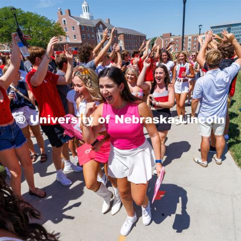 Sorority Bid Day in the Cather Dining Complex and on the Vine Street Fields. August 19, 2023. Photo by Craig Chandler / University Communication.