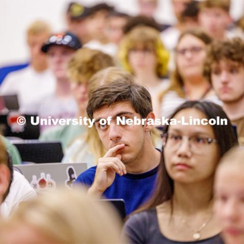 Students listen during Richard Hartung’s Chemistry 109 lecture. First day of classes for fall semester. August 21, 2023. Photo by Craig Chandler / University Communication.