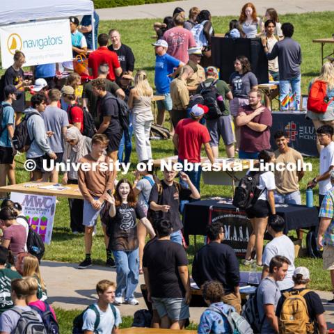 Club Fair in the green space by the Nebraska Union at City Campus. More than 120 recognized student organizations (RSOs) to join for social, professional and leadership interests. RSO members and officers will be on hand to provide details about their organization and answer questions from prospective new members. Club Fair is a part of Big Red Welcome. August 29, 2023. Photo by Craig Chandler/ University Communication.