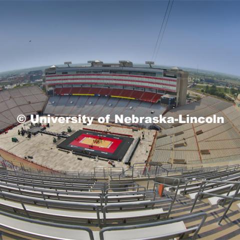 Memorial Stadium's Tom Osborne Field is transformed into Terry Pettit Court.

Practice day Tuesday for Volleyball Day in Nebraska. August 29, 2023. Photo by Craig Chandler / University Communication.


