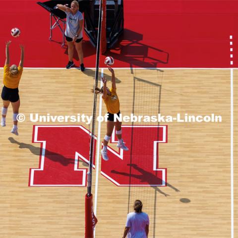 Memorial Stadium's Tom Osborne Field is transformed into Terry Pettit Court.

Practice day Tuesday for Volleyball Day in Nebraska. August 29, 2023. Photo by Craig Chandler / University Communication.

