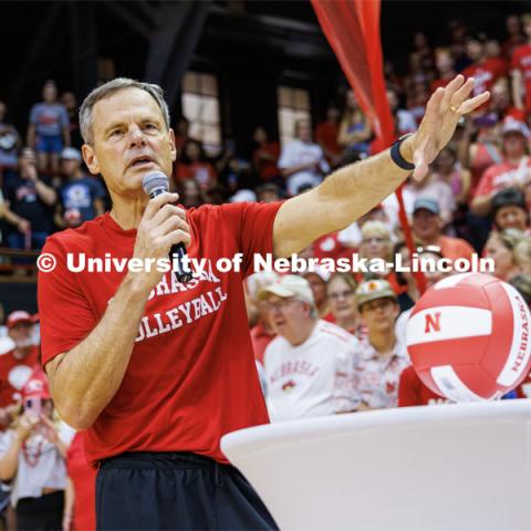 John Cook speaks to the crowd at the Rally at the Coliseum. Volleyball Day in Nebraska. Husker Nation stole the show on Volleyball Day in Nebraska. The announced crowd of 92,003 surpassed the previous world record crowd for a women’s sporting event of 91,648 fans at a 2022 soccer match between Barcelona and Wolfsburg. Nebraska also drew the largest crowd in the 100-year history of Memorial Stadium for Wednesday’s match. August 30, 2023. Photo by Craig Chandler / University Communication.   