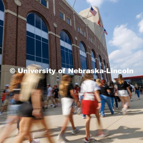 The record-setting fans flowed into Memorial Stadium. Volleyball Day in Nebraska. Husker Nation stole the show on Volleyball Day in Nebraska. The announced crowd of 92,003 surpassed the previous world record crowd for a women’s sporting event of 91,648 fans at a 2022 soccer match between Barcelona and Wolfsburg. Nebraska also drew the largest crowd in the 100-year history of Memorial Stadium for Wednesday’s match. August 30, 2023. Photo by Craig Chandler / University Communication.