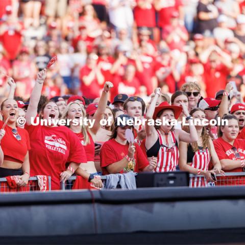 Husker fans cheer as the team takes the court for warm ups. Volleyball Day in Nebraska. Husker Nation stole the show on Volleyball Day in Nebraska. The announced crowd of 92,003 surpassed the previous world record crowd for a women’s sporting event of 91,648 fans at a 2022 soccer match between Barcelona and Wolfsburg. Nebraska also drew the largest crowd in the 100-year history of Memorial Stadium for Wednesday’s match. August 30, 2023. Photo by Craig Chandler / University Communication.