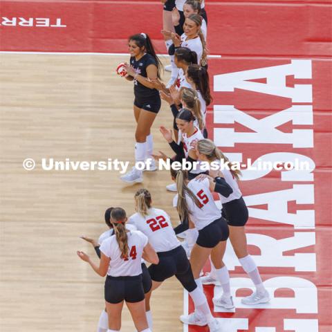 Lexi Rodriguez is cheered by her teammates as she is introduced. Volleyball Day in Nebraska. Husker Nation stole the show on Volleyball Day in Nebraska. The announced crowd of 92,003 surpassed the previous world record crowd for a women’s sporting event of 91,648 fans at a 2022 soccer match between Barcelona and Wolfsburg. Nebraska also drew the largest crowd in the 100-year history of Memorial Stadium for Wednesday’s match. August 30, 2023. Photo by Craig Chandler / University Communication.