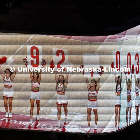 Seen on the video screen, the cheer squad holds up the attendance total. Volleyball Day in Nebraska. Husker Nation stole the show on Volleyball Day in Nebraska. The announced crowd of 92,003 surpassed the previous world record crowd for a women’s sporting event of 91,648 fans at a 2022 soccer match between Barcelona and Wolfsburg. Nebraska also drew the largest crowd in the 100-year history of Memorial Stadium for Wednesday’s match. August 30, 2023. Photo by Craig Chandler / University Communication.