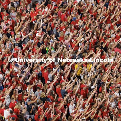 Husker fans celebrate a point. Volleyball Day in Nebraska. Husker Nation stole the show on Volleyball Day in Nebraska. The announced crowd of 92,003 surpassed the previous world record crowd for a women’s sporting event of 91,648 fans at a 2022 soccer match between Barcelona and Wolfsburg. Nebraska also drew the largest crowd in the 100-year history of Memorial Stadium for Wednesday’s match. August 30, 2023. Photo by Craig Chandler / University Communication.