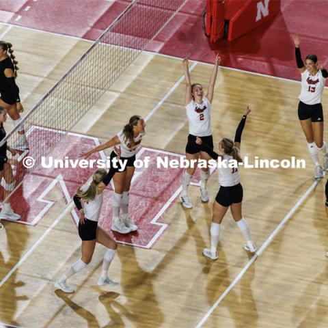 The Huskers celebrate match point over the UNO Mavericks. Volleyball Day in Nebraska. Husker Nation stole the show on Volleyball Day in Nebraska. The announced crowd of 92,003 surpassed the previous world record crowd for a women’s sporting event of 91,648 fans at a 2022 soccer match between Barcelona and Wolfsburg. Nebraska also drew the largest crowd in the 100-year history of Memorial Stadium for Wednesday’s match. August 30, 2023. Photo by Craig Chandler / University Communication.