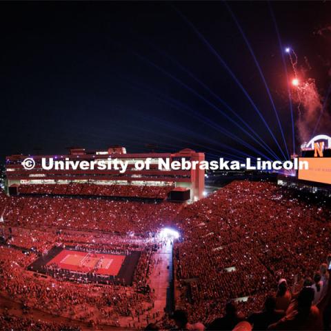 Fireworks soar high in the sky at Volleyball Day in Nebraska. Husker Nation stole the show on Volleyball Day in Nebraska. The announced crowd of 92,003 surpassed the previous world record crowd for a women’s sporting event of 91,648 fans at a 2022 soccer match between Barcelona and Wolfsburg. Nebraska also drew the largest crowd in the 100-year history of Memorial Stadium for Wednesday’s match. August 30, 2023. Photo by Craig Chandler / University Communication.