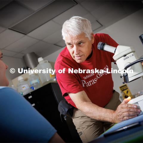 Scott Gardner talks with lab technician Allison Hearty in the Nebraska Hall lab. Gardner works with samples in his lab. He has several NSF-funded One Health projects related to parasitology. Photo used for 2022-2023 Annual Report on Research at Nebraska. September 6, 2023. Photo by Craig Chandler / University Communication.