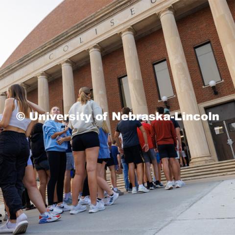 Students waiting in line at the Coliseum to get in to the Husker Dialogues event. Husker Dialogues in the Coliseum and Cook Pavilion. September 6, 2023. Photo by Craig Chandler / University Communication.