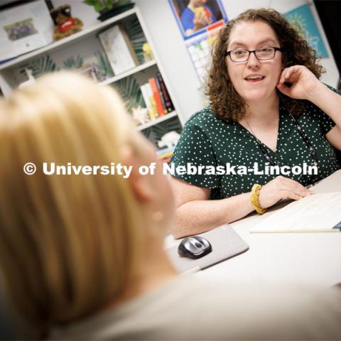 Meagan Savage talks with Camryn Kelly, a junior from Eldorado Hills, California, during an advising session. September 8, 2023. Photo by Craig Chandler / University Communication.
