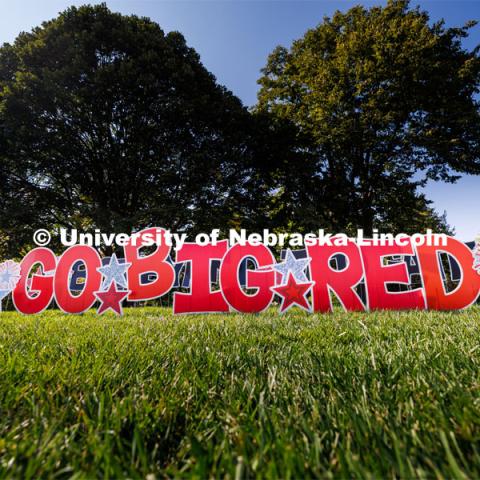 Signs at the Student Tailgate in the greenspace north of the Nebraska Union. Nebraska vs. Northern Illinois football in Memorial Stadium. September 16, 2023. Photo by Craig Chandler / University Communication.