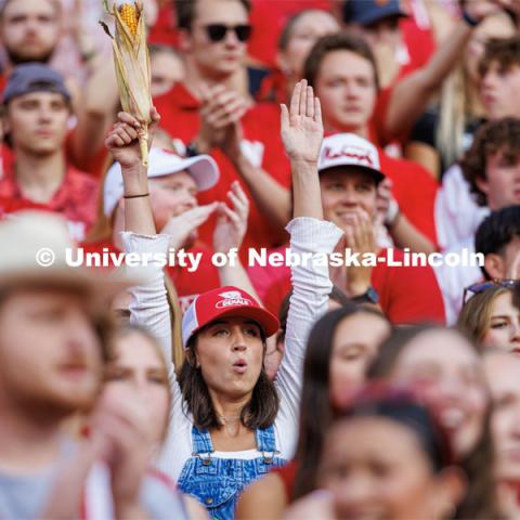 Maggie Norris Is all N to the corn as she cheers during the first half. Northern Illinois football in Memorial Stadium. September 16, 2023. Photo by Craig Chandler / University Communication.