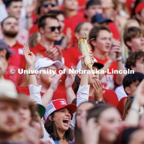 Maggie Norris Is all N to the corn as she cheers during the first half. Northern Illinois football in Memorial Stadium. September 16, 2023. Photo by Craig Chandler / University Communication.
