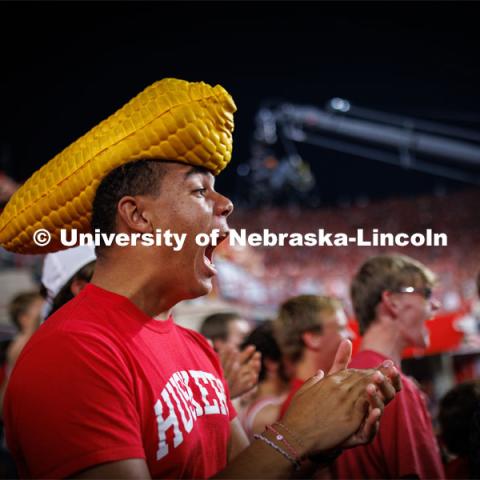 Dillon Parker, a freshman from California, cheers on the Huskers. Northern Illinois football in Memorial Stadium. September 16, 2023. Photo by Craig Chandler / University Communication.