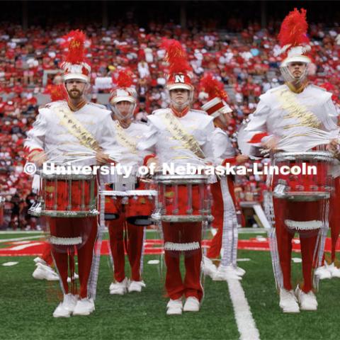 Husker snare drums in a multiple exposure. Nebraska football vs. Louisiana Tech. August 23, 2023. Photo by Craig Chandler/ University Communication.