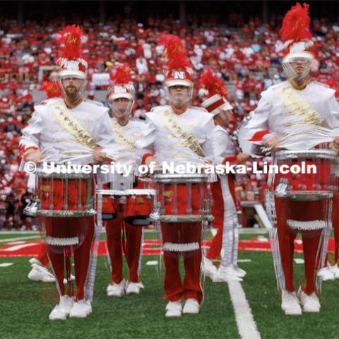 Husker snare drums in a multiple exposure. Nebraska football vs. Louisiana Tech. August 23, 2023. Photo by Craig Chandler/ University Communication.