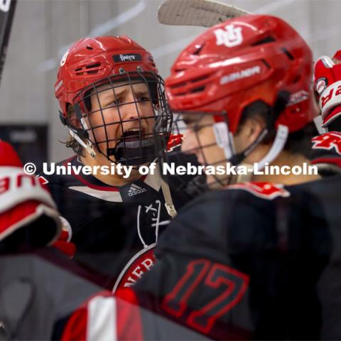 Sean Rodgers hypes up teammate Zack Brown. Husker Hockey at Breslow Ice Hockey Center. October 7, 2023. Photo by Dillon Galloway for University Communication and Marketing.