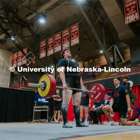 Paul Whitmarsh, sophomore, completing a 270 kilogram deadlift during the Strong Husker Powerlifting meet hosted by UNL Barbell Club held in the Coliseum. October 7, 2023. Photo by Jonah Tran / University Communication