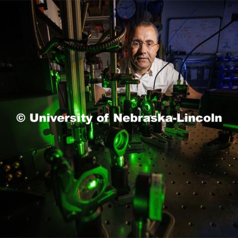 Abdelghani Laraoui, is working to find materials that would improve the performance of quantum computing. To do this, they need to create an environment that is super cold – talking close to zero Kelvin. Laraoui said the NSF money, in part, is helping to fund the purchase of a state-of-the-art MRI that creates such cold environments. It would make UNL one of the few places in the US that this type of research could take place. October 12, 2023. Photo by Craig Chandler / University Communication.