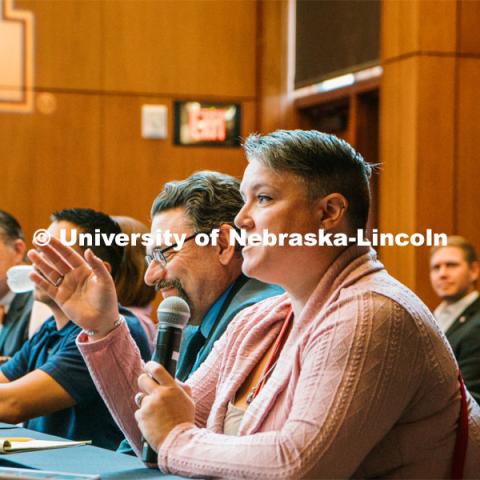 Jocelyn Arnett (right) of Bellevue University joined student veterans from around the state in meeting Denis McDonough, the secretary of Veterans Affairs, at the Wick Alumni Center. McDonough visited Nebraska U to discuss the ongoing implementation of expanded health care services for veterans. October 12, 2023. Photo by Matthew Strasburger / University Communication.