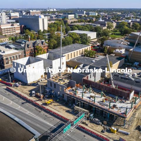 New music building under construction for the Hixon-Lied College of Fine and Performing Arts.  October 19, 2023. Photo by Craig Chandler / University Communication.