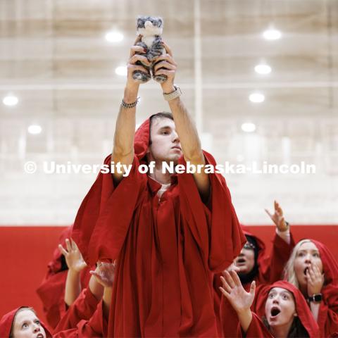 Innocents Society dance in red hooded gowns and introduce Chancellor Rodney Bennett. Showtime at the Coliseum. Recognized Student Organizations, Greeks and Residence Halls battle against each other with performances for Homecoming competition points and ultimate bragging rights. Homecoming 2023. October 23, 2023. Photo by Craig Chandler / University Communication.