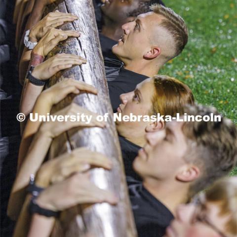 ROTC Joint Field Meet is like an ROTC Olympics for the Nebraska cadets and midshipmen. Army, Air Force and Navy/Marine cadets and midshipmen compete in events such as Maneuvering Under Fire, Log Sit-ups, Tug-Of-War, Casualty Evacuation and Ultimate Frisbee. Army beat Navy in a sudden death 4x400 relay to claim the title. October 26, 2023. Photo by Craig Chandler / University Communication.