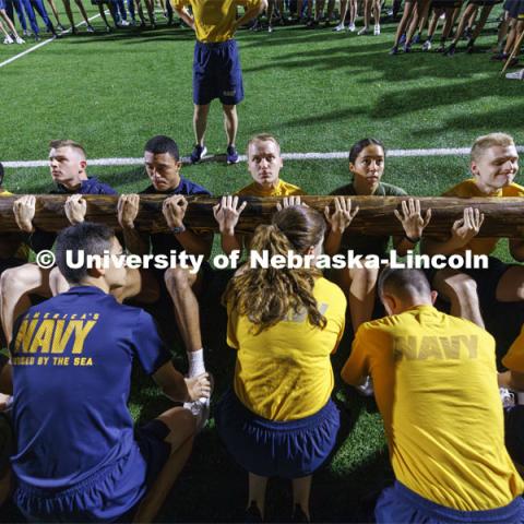 Eight cadets do as many sit-ups as possible in two minutes. ROTC Joint Field Meet is like an ROTC Olympics for the Nebraska cadets and midshipmen. Army, Air Force and Navy/Marine cadets and midshipmen compete in events such as Maneuvering Under Fire, Log Sit-ups, Tug-Of-War, Casualty Evacuation and Ultimate Frisbee. Army beat Navy in a sudden death 4x400 relay to claim the title. October 26, 2023. Photo by Craig Chandler / University Communication.