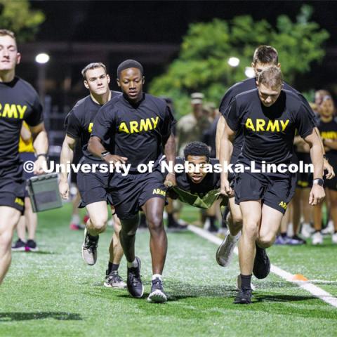 ROTC Joint Field Meet is like an ROTC Olympics for the Nebraska cadets and midshipman. Army, Air Force and Navy/Marine cadets and midshipmen compete in events such as Maneuvering Under Fire, Log Sit-ups, Tug-Of-War, Casualty Evacuation and Ultimate Frisbee. Army beat Navy in a sudden death 4x400 relay to claim the title. October 26, 2023. Photo by Craig Chandler / University Communication.