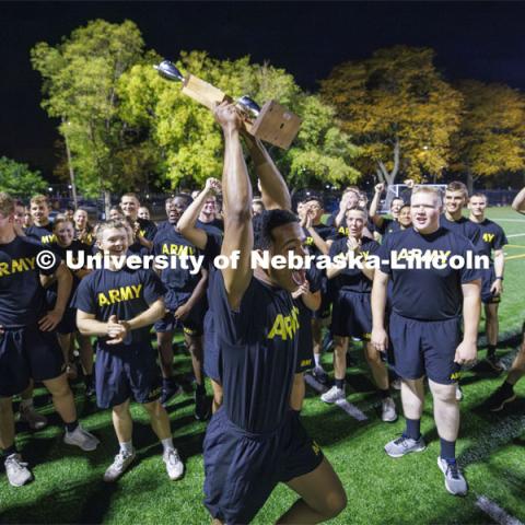 ROTC Joint Field Meet is like an ROTC Olympics for the Nebraska cadets and midshipmen. Army, Air Force and Navy/Marine cadets and midshipman compete in events such as Maneuvering Under Fire, Log Sit-ups, Tug-Of-War, Casualty Evacuation and Ultimate Frisbee. Army beat Navy in a sudden death 4x400 relay to claim the title. October 26, 2023. Photo by Craig Chandler / University Communication.