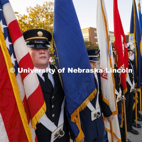 ROTC Color Guard line up for the parade. Homecoming parade and Cornstock. October 27, 2023. Photo by Craig Chandler / University Communication.