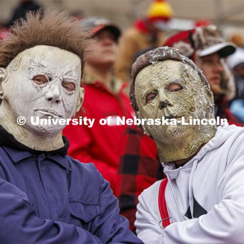 Ghouls just want to have fun, Wesley Helmer and Payton Craw pose for a scary portrait. Nebraska football versus Purdue Homecoming game. October 28, 2023. Photo by Craig Chandler / University Communication.