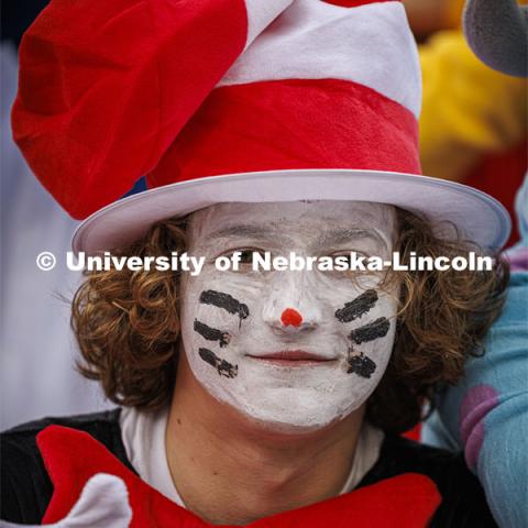 One fan dressed as the Cat in the Hat. Nebraska football versus Purdue Homecoming game. October 28, 2023. Photo by Craig Chandler / University Communication.