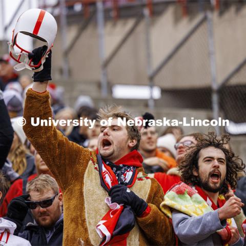 Denis McGinty, a junior from Chicago, cheers on the Huskers. Nebraska football versus Purdue Homecoming game. October 28, 2023. Photo by Craig Chandler / University Communication.