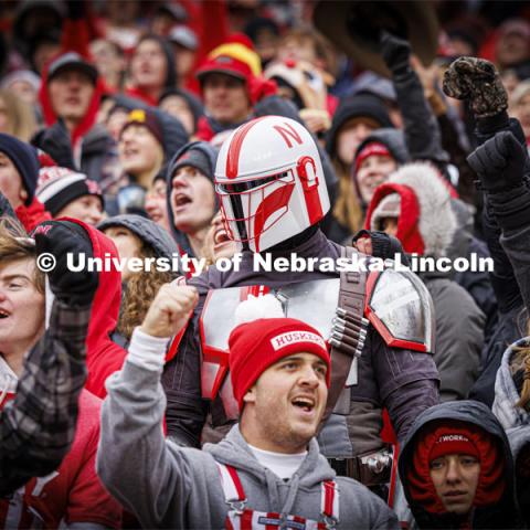 Ben Ferguson cheers while wearing his Husker Mandalorian ( Huskerlorian ) costume at the game. Nebraska football versus Purdue Homecoming game. October 28, 2023. Photo by Craig Chandler / University Communication.