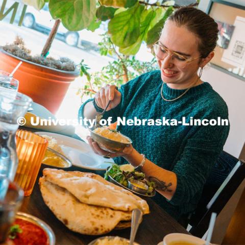 Students eat at The Oven restaurant in the Haymarket. About Lincoln at The Oven. November 2, 2023. Photo by Matthew Strasburger / University Communication.