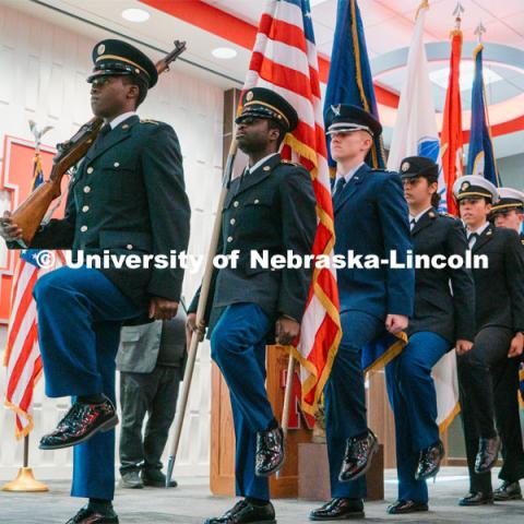 Members of the ROTC Joint Color Guard present the colors to open the National Roll Call. November 11, 2023. Photo by Matthew Strasburger / University Communication.