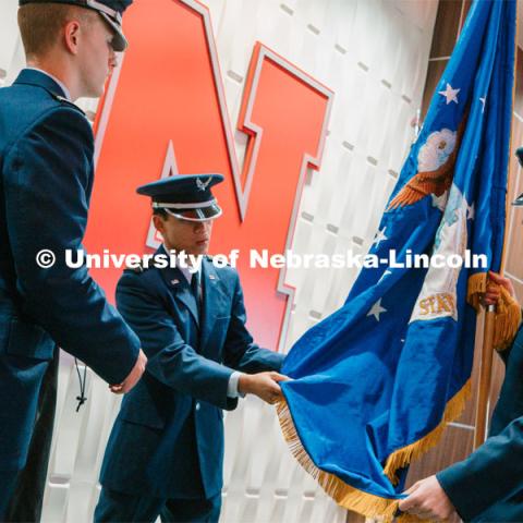 Members of the ROTC Joint Color Guard present the colors to open the National Roll Call. November 11, 2023. Photo by Matthew Strasburger / University Communication.