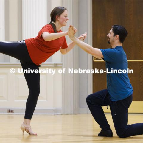 Ballroom Dancing Club works through their final practice in the Nebraska Union Ballroom Thursday night before Saturday’s show. December 7, 2023. Photo by Craig Chandler / University Communication and Marketing.