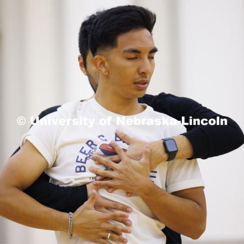 Yajyoo Shrestha and Carlos Servan perform a duet. Ballroom Dancing Club works through their final practice in the Nebraska Union Ballroom Thursday night before Saturday’s show. December 7, 2023. Photo by Craig Chandler / University Communication and Marketing.