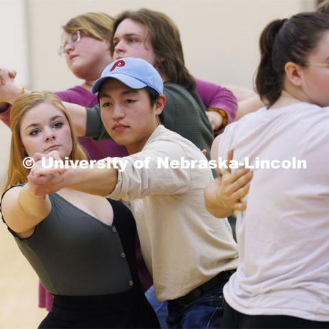 Ballroom Dancing Club works through their final practice in the Nebraska Union Ballroom Thursday night before Saturday’s show. December 7, 2023. Photo by Craig Chandler / University Communication and Marketing.