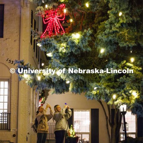 Alpha Phi members Jill Parr, left, and Kamryn Crouch photograph the tree decorated for the holidays outside their sorority house Thursday evening. City Campus. December 7, 2023. Photo by Craig Chandler / University Communication and Marketing.